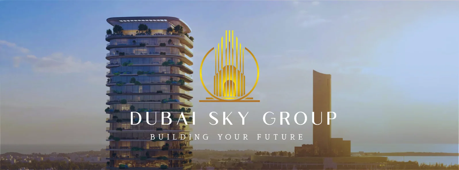 באנר המותג של Dubai Sky Group על רקע מגדלים בדובאי, עם הסלוגן Building Your Future