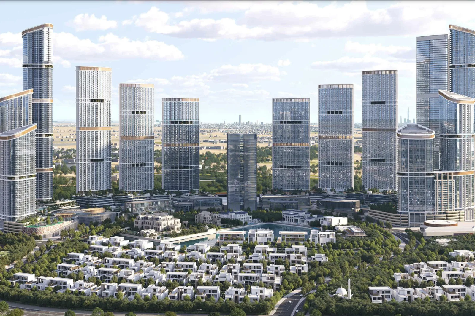 הדמיה של מגדלי מגורים מודרניים בדובאי על רקע קו הרקיע של העיר
